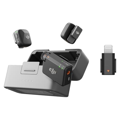DJI Mic Mini (2 Sender + 1 Empfänger + Ladeschale) mit Mic Mini Handy-Adapter (Lightning), Ultraleicht, Detailreicher Audio, 48 Std. Nutzung, Geräuschunterdrückung, Wireless Mikrofon, Vlog, Streaming