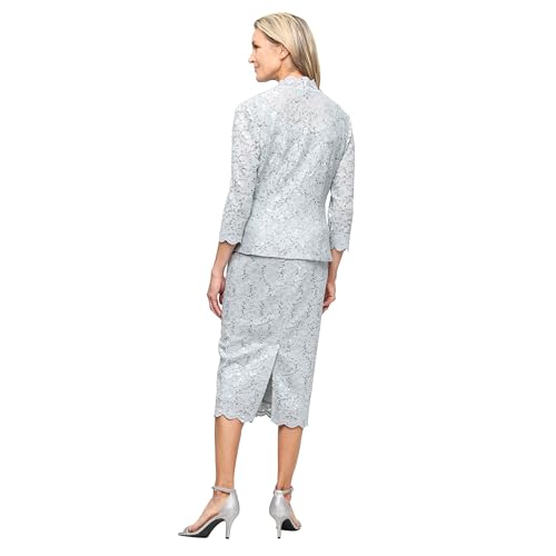 Image of S.L. Fashions Women's Tea Length Sequin Lace Mother of The Bride Dress with Illusion Sleeve Jacket