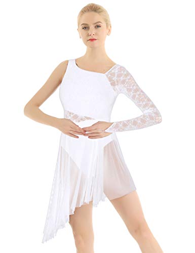 Yeahdor Women's Adult Lace Single Long Sleeve Lyrical Latin Jazz Dance Costume Dress Asymmetric Mesh Skirted Leotard White Large