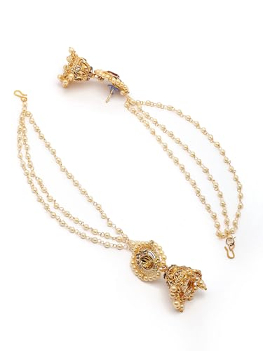 Image of Sukkhi Fashion-Forward Ethnic 18k Gold Plated with Kundan & Pearls Studded Long Earchain with Jhumka /Jhumki Earring Jewellery For Women & Girls|E107335