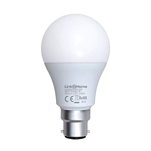 Link2Home B22/60W Equivalent WiFi LED Lamp, Smart Light Bulb with RGB Multicolour Settings – Dimmable with Alexa and Google Voice Control