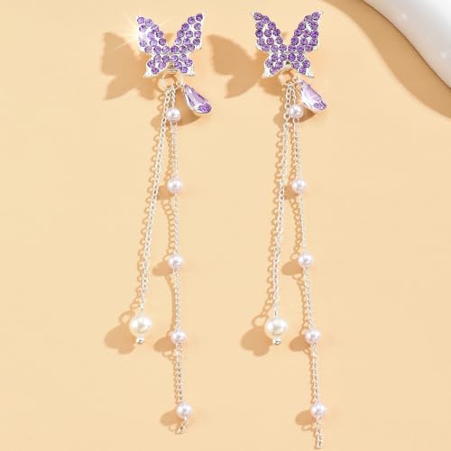 Purple Butterfly Earrings for Women - Dangle Long Silver, Blue, Gold, White Sparkle Earrings - Cute Fairy Butterfly Jewelry3