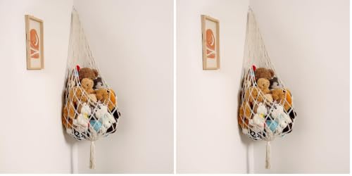 Image of Amdermi Stuffed Animal Hammock Corner, Boho Macrame Plush Toy Storage Net for Wall, Hanging Stuffed Animal Holder for Nursery, Playroom, Kids Room, Cream (Pack of 2)