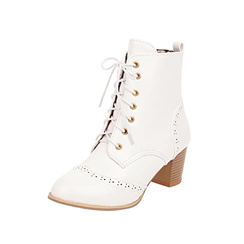 Women Chunky Heel Dress Booties Perforated Lace Up Leather Oxfords Brogue Fashion Pointed Toe Winter Ankle Boots