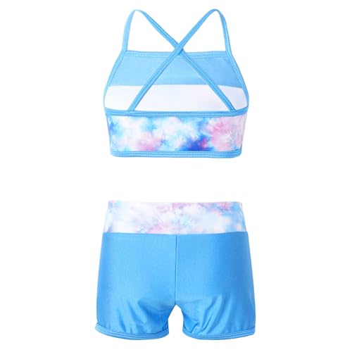 iiniim Kids Girls Two Piece Dance Sports Bra Crop Top with Shorts Gymmnastics Leotard Active Swimming Outfit Set Sea Sky Pink 4