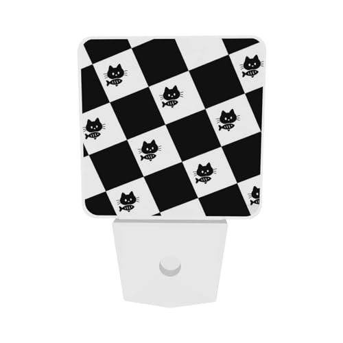 Image of Cat Fishes Black and White Checkered Night Light 2-Pack, LED Plug-in Auto Sensor Nightlights Set of 2 for Bedroom Bathroom