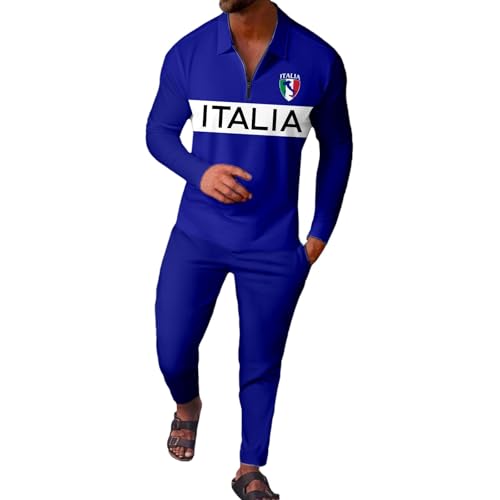 Munweiyu Chándal de 2 piezas para hombre, traje de verano, manga larga, impresión de bandera de Italia, polo y pantalón, conjunto de ropa, traje deportivo, traje de jogging, traje casual estampado