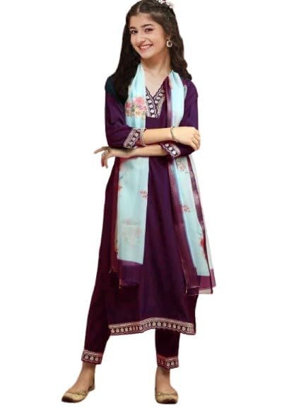 Image of Girls A-line Silk Embroidered Kurta and Pant Set with Dupatta for festive wedding and casual wear
