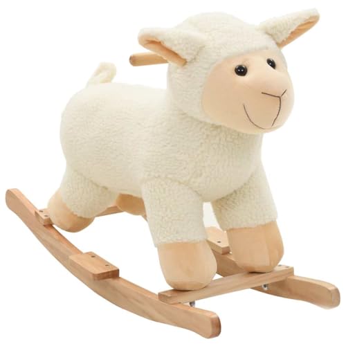 Teenpull Jouet à bascule en forme de mouton en peluche blanche - 78 x 34 x 58 cm - Avec cadre en métal et base en bois - Jouet à bascule pour enfants à...
