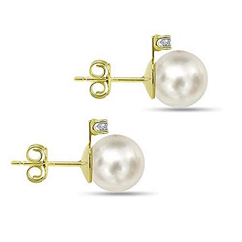 White Cultured Freshwater Pearl Diamond Stud Earrings 14K Yellow Gold Jewelry 1/50 CTTW 5-5.5mm2