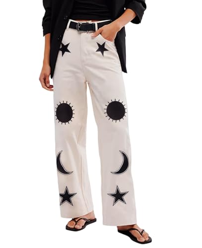 Kedera Women's Causal Star Embroidered Denim Pants Vintage Boyfriend Barrel Jeans Wide Leg Baggy Pants Y2k