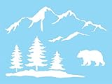 Add some rustic outdoor charm to your DIY craft signs and home or cabin decor with this bear stencil featuring a snowy mountain range with pine trees and bear; stencil size 9-inch x 12-inch, image size of design 7.5-inch x 11-inch Reusable, flexible ...
