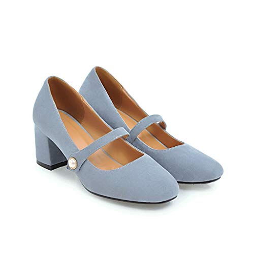MIOKE Women's Square Toe Mary Jane Pumps Suede Pearl Strap Slip On Chunky Block Mid Heel Retro Dress Shoes2