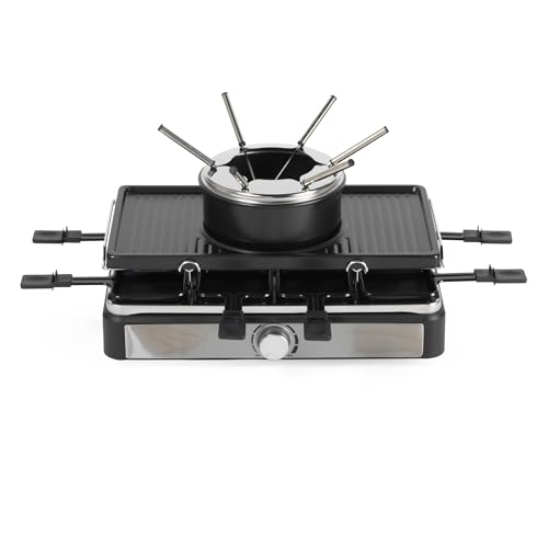 Salter Gril Électrique Raclette & Fondue - Grill d’Intérieur 2 en 1, Pot à Fondre 1,3L, Fondue au Fromage, 6 Fourchettes, Température Réglable, 8 Poêlons et...