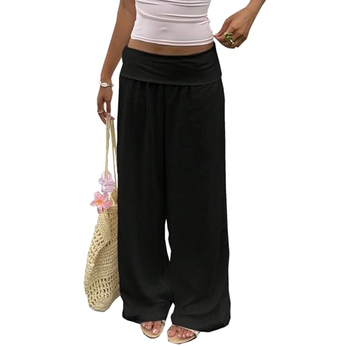 ICNGLKSND Womens Casual Fold Over Loose Pants Solid Low Waist Wide Straight Leg Sweatpants Lounge Flowy Pajmas Trouser
