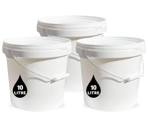 3 x 10L Plastic Bucket Pail + Handle & Lid - Heavy Duty Food Grade BPA Free Multi-use Fermentation Feed Dry Food Liquid Chemicals Hydroponics Storage Container WHITE