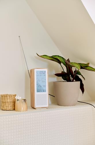 THOMSON Enceinte Bluetooth 5.3 et Station Météo Sans Fil, Radio FM, Horloge Radiopilotée, Thermomètre et Hygromètre Intérieur/Extérieur, Qualité de l'Air, Structure Bois - Blanc - WS102TWH