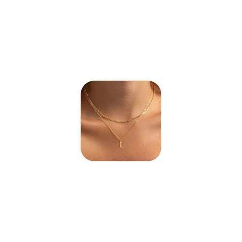 GRCLD Initial Necklaces for Women Dainty 14K Gold Plated Layered Letter Pendant Necklace Cute Figaro Chain Choker Necklace Personalized Trendy Stuff Jewelry Stack Gift for Women Her(L)