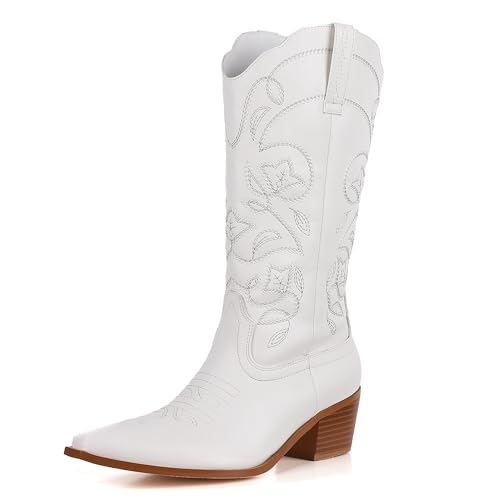 AMINUGAL White Cowgirl Boots Cowboy Boots for Women Embroidered Block chunky Heel Western Boots Women Cute Slip On Ankle Boots Comfortable Pointed Toe Country Short Boots Summer Fall Size 9.5