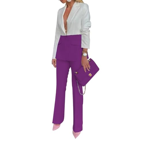 Women Suit Set Office Color Blocking Blazer Flare Pants Suit Wedding Guest Graduation Dress4