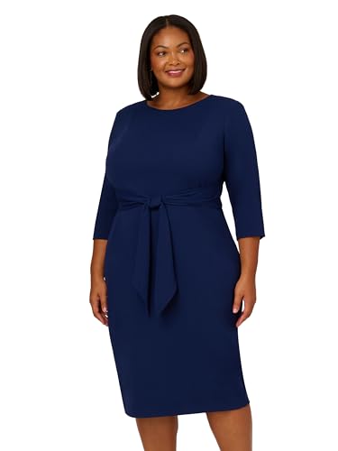 Adrianna Papell Women's Plus Size Knit Crepe TIE Waist Sheath, Navy Sateen