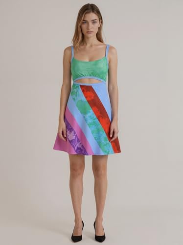 Womens Vintage Print Rainbow Sexy Sheath Dress Sleeveless Adjustable Slip Y2K Retro Bodycon with Butterfly Necklace3