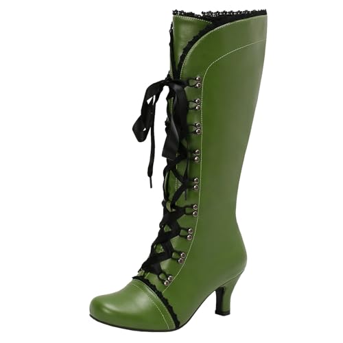 Betastella Womens Lace Up Victorian Boots Chunky Low Kitten Heel Knee High Vintage Boots Witch Boots