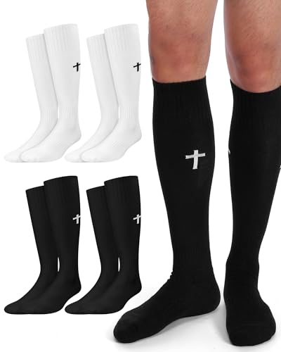 Eurzom 4 Pairs Cross Socks for Men Arch Support Thick Towel Bottom Knee High Socks Christian Religious Gifts for Football Baseball Soccer Running Sports