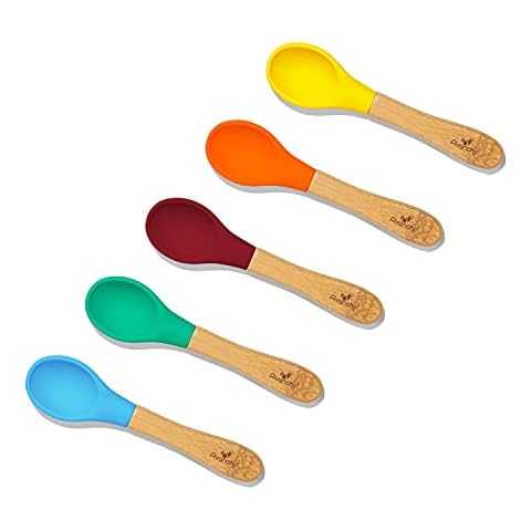 Avanchy Baby Spoons 5 Bamboo and Silicone Set, Self Feeding Food Utensils, 4 Months Baby Led Weaning, 5 Pack W/Blue Cover