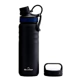 Grandties Botella de agua de viaje de 700 ml - Botella de agua aislada al vacío de boca ancha con dos tapas de estilo, botella de agua más fría para hombres, botellas de agua para mujeres - negro