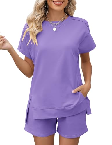 Image of LOMON Womens Fashion 2 Piece Outfits Sweatsuits 2026 Summer Short Sleeve Loungewear Tracksuit Round Neck Lounge Shorts Sets