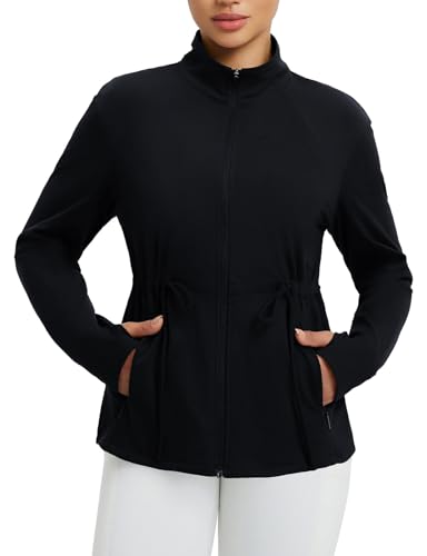 Image of baleaf Womens Fleece Lined Jacket Zip Up Lightweight Winter Coats with Zipper Pockets Warm Jackets Slim Fit Cinch Waist Black M