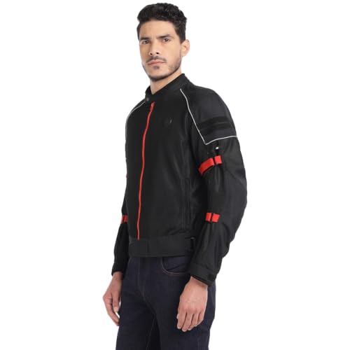 Image of Royal Enfield STREETWIND V3 RIDING JACKET | High Abrasion Polyester Mesh | 610D Cordura Impact Zones | CE Level 2 Ergo Pro-Tech Armours | Adjustable Fit | Cushioned Comfort Collar | BLACK & RED 3XL | Protective gear for bike riding