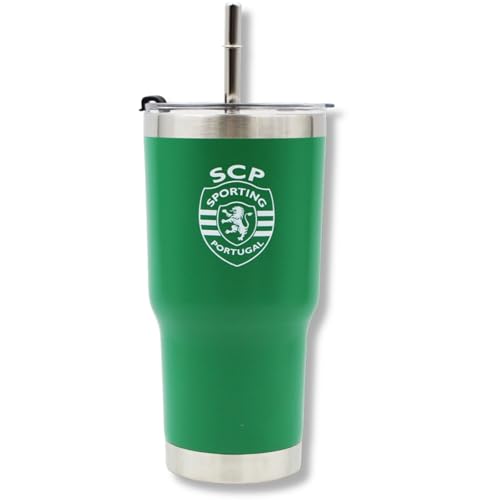 Dupla Sporting CP - Taza de viaje con aislamiento térmico con tapa y pajita, acero inoxidable