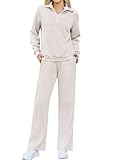 difficort Women's 2 Piece Lounge Sets Casual Travel Outfits Fashion Wide Leg Tracksuit Cozy Sweatsuits Matching Set, Beige, Small