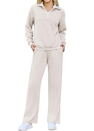 difficort Women's 2 Piece Lounge Sets Casual Travel Outfits Fashion Wide Leg Tracksuit Cozy Sweatsuits Matching Set, Beige, Small