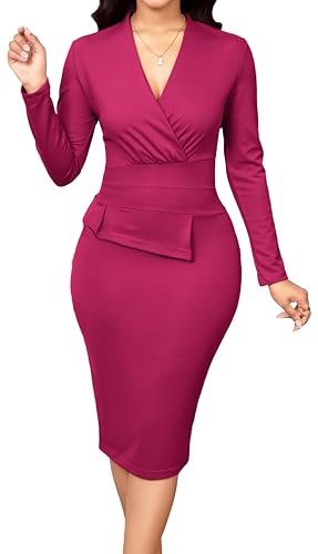 Image of Oxgmoky Women's Elegant Dresses Work Business Dress Bodycon Long Sleeve Pencil Dress