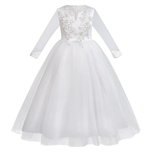IBTOM CASTLE Flower Girl Dress White Tulle Long Wedding Bridesmaid Pageant Birthday Formal Party Dance Prom Communion Gown