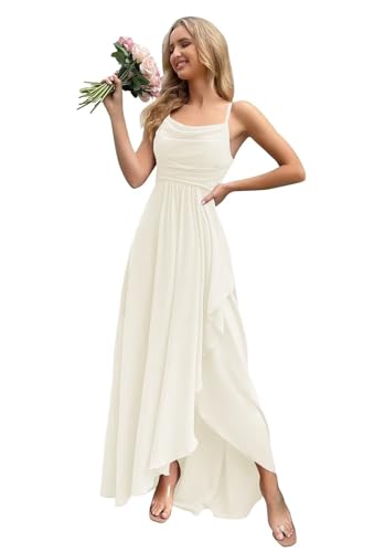 Lindo Novia Chiffon Bridesmaid Dresses for Wedding Spaghetti Straps Cowl Neck Formal Dress for Women Wedding Guest with Slit