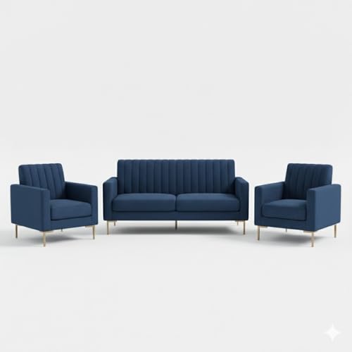 Image of 3+1+1 Seater Velum Fabric Sofa Set for Living Room, Modern Design with High Density Foam, Solid Wood Frame, Ergonomic Comfortable Seating for Home & Office (Blue, 3+1+1) | Soft foam comfort, Strong wood frame
