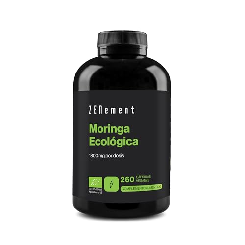 Moringa Ecológica 1800 mg por Dosis - Superalimento Bio con Vitaminas, Minerales y Antioxidantes - Alta Concentración y Pureza - 260 Cápsulas Veganas - Suministro 3 Meses - Zenement