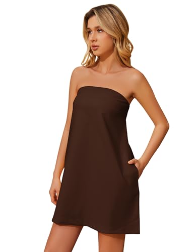 Image of Meladyan Women's Summer Tube Dress Strapless Backless Mini Tube Dress Smocked Cut Out Relaxed Mini Dresses with Pockets Coffee, Large