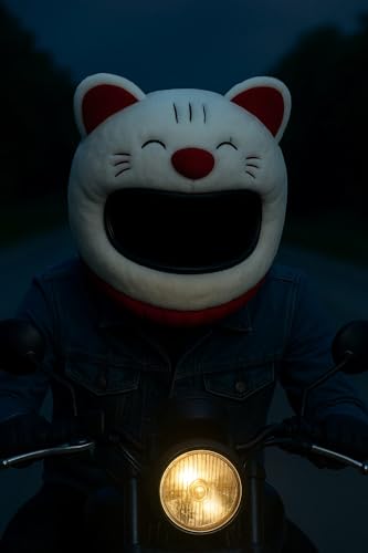 Image of Cute Cat Helmet Cover - Lucky Cat Plush Helmet Decoration | Ultra-Soft Furry White & Red Kitty Design for Motorcycle & Scooter Riders | Funny Cartoon Style Universal Fit Biker Gift