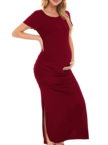 Ever-Pretty Women's Plus Size Short Sleeves Round Neck Ruched Floor Length Maternity Maxi Dresses Burgundy X-Large #TOP2