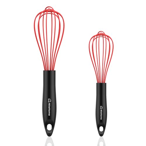Image of NileHome Silicone Whisk Set 8 inch 10 inch, 2 Pack Kitchen Whisk Kitchen Wisk Wire Whisks for Cooking, Whisking, Blending, Beating, Stirring-Red