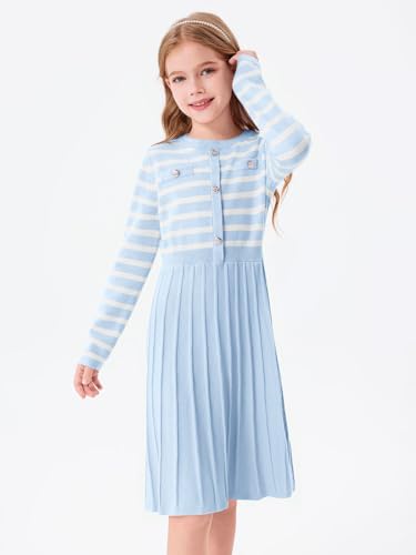 Haloumoning Girls Sweater Dress Knit Long Sleeve Striped A Line Pleated Fall Winter Dresses 5-14 Years4