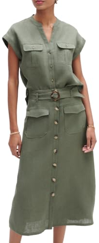 Caroll - Falda de Lino de Longitud Media, Verde y Caqui, Talla 40