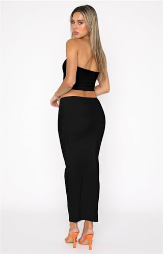 Skirt Sets Women 2 Piece Outfits - Sexy Two Pc Sleeveless Strapless Tube Crop Top Bodycon Midi Skirts Set4