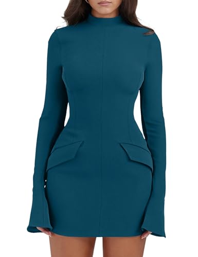 Image of YMDUCH Women's Long Sleeve Mock Neck Bodycon Mini Party Dress