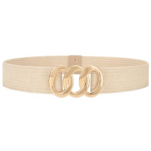 JASGOOD Wide Straw Woven Stretchy Belt for Women Boho Braided Elastic Dress Waist Belt for Ladies,Beige